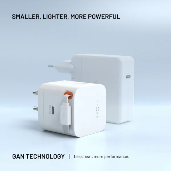 FIXED 2xUSB-C charger - retractable cable, GaN, PD 3.0, 65W, white
