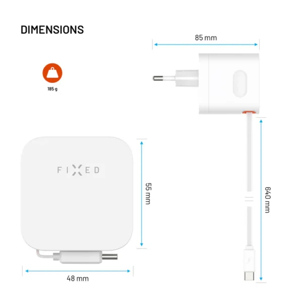 FIXED 2xUSB-C charger - retractable cable, GaN, PD 3.0, 65W, white